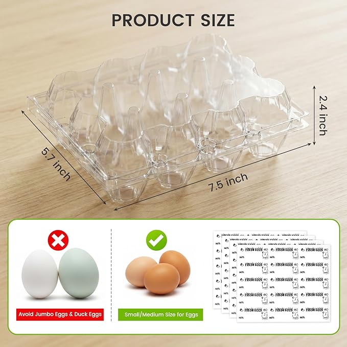 LOVEINUSA 100 PCS 12 Count Plastic Egg Cartons, with 105PCS Date Labels, Bulk Clear Reusable Egg Holder for Fresh Medium Eggs Storage, Suitable for Farms, Families, Markets Display