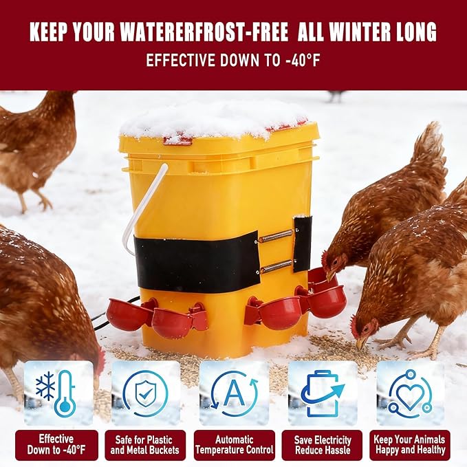 1 PCS Chicken Water Heater for Winter, 40W Safe Thermo Bucket Belt Heated Strapr Fits Most 2-5 Gallon Chicken Waterer, Energy Efficient Freeze Protection for Poultry Livestock+1 Bag