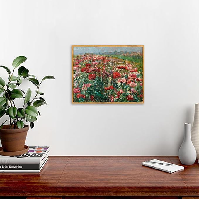 Farmhouse Flower Artwork Framed Red Wildflower Painting Vintage Flower Pictures Blooming Flowers Poster Nature Wildflower Wall Art Farmhouse Botanical Artwork Rustic Floral Paintings 8x10inch Framed