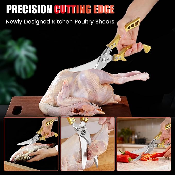 ANDONG Heavy Duty Kitchen Poultry Shears with Serrated Edge, Spring Loaded Kitchen Scissors, Professional Chicken Shears, Gold