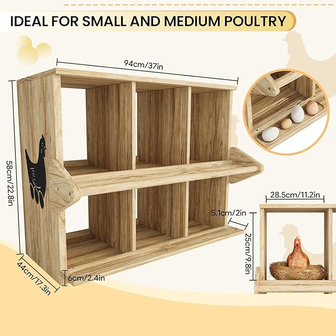 Chicken Nesting Box, 6 Compartment Wooden Nesting Boxes for Chickens with Perches, Floor/Stand/Wall Mount Large Chicken Nesting Boxes for Small & Medium Poultry