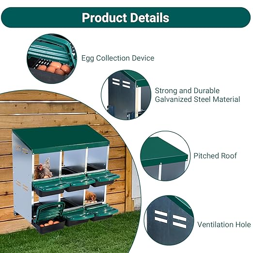Garvee Chicken Nesting Boxes, 6 Hole Metal Chicken Laying Box with Removable Trays for Chicken Coop, Green