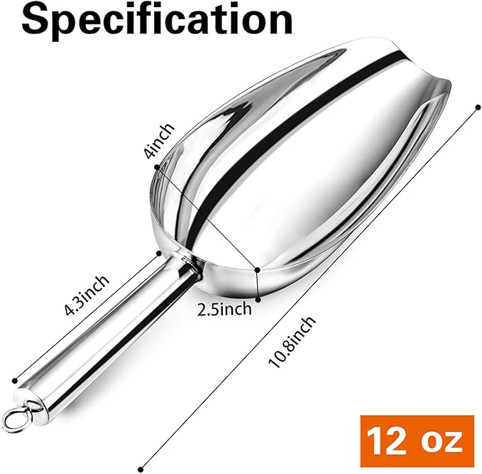 P&P CHEF Food Ice Scoop, Stainless Steel Scoop, Metal Candy Popcorn Flour Utility Scooper for Wedding Party Bar Kitchen Bath, Heavy Duty & Dishwasher Safe, (12oz, 1Pc)