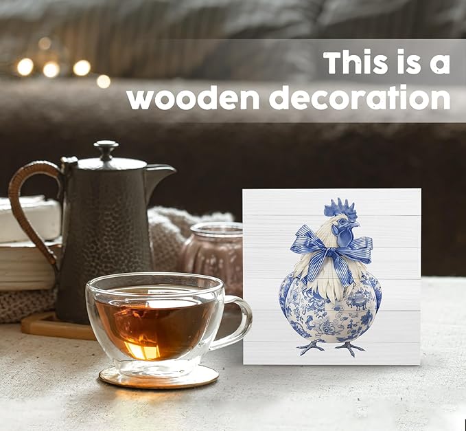 Blue and White Chinoiserie Chicken Wooden Signs, Grand Millenial Bow Blue Floral Home Decor Signs, Chinoiserie Porcelain Desk Decorations, Farmhouse Chicken Animal Kitchen Bathroom Decor
