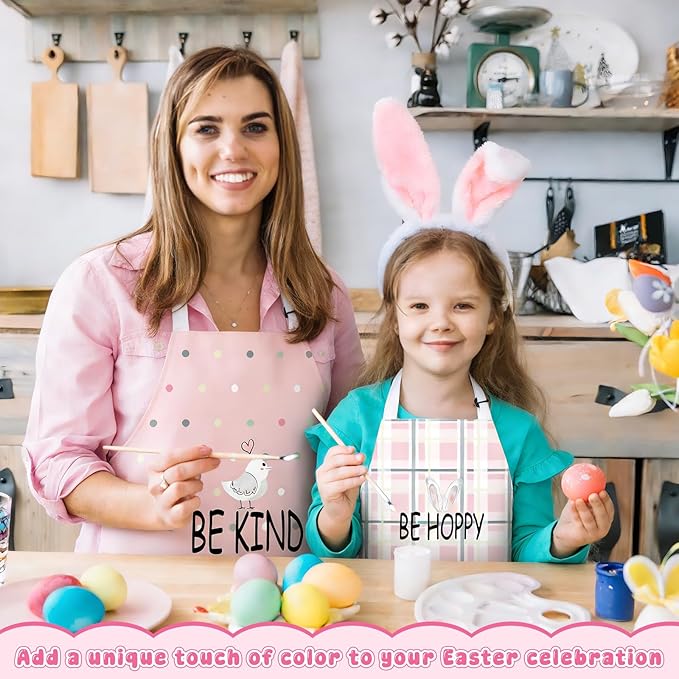Easter Aprons Set of 4, Bunny with Easter Eggs Pattern Kitchen Aprons for Adults, Easter Decorations for Home, Bunny Gifts, Spring Table Decor