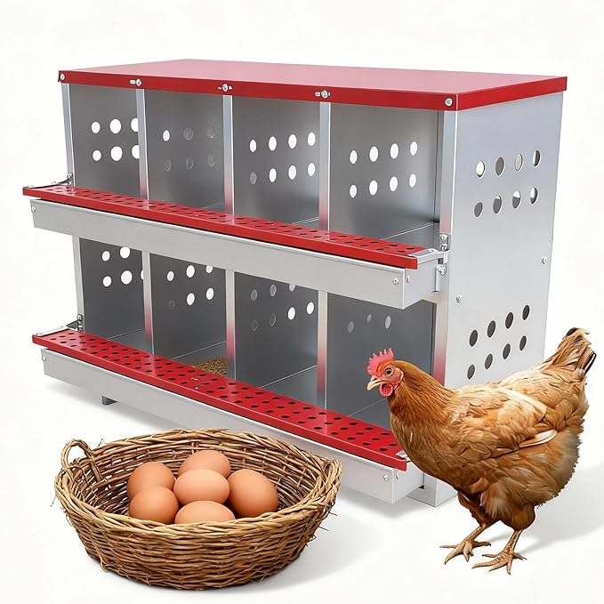 GarveeLife Wall-mountable Roll Away Metal Chicken Nesting Box for Laying Eggs, Rustproof Chicken Laying Boxes for Hens, Ventilated with Perch, Waterproof (Red, 8 Compartments with 8 Fake Eggs)