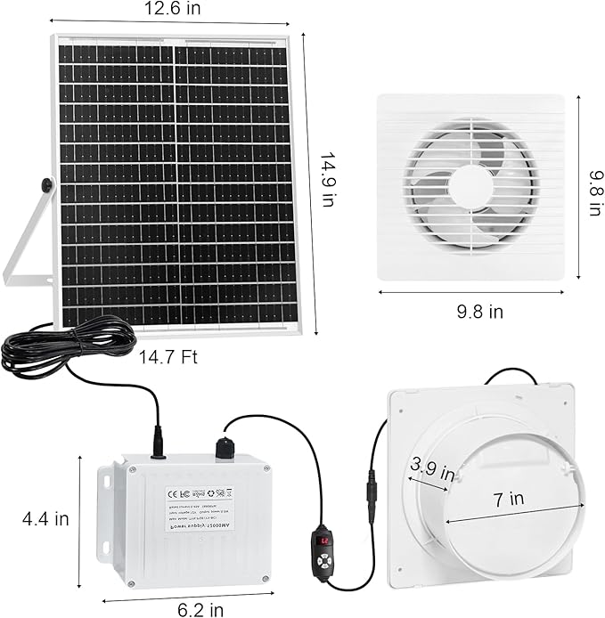 Solar Fan with Battery Day & Night Work Fans, 25W 9.8" Solar Powered Fan for Chicken Coop with 24000mAh Battery, Outdoor Waterproof Greenhouse Solar Exhaust Fan for Shed, Coop, Pet Houses, Ventilation