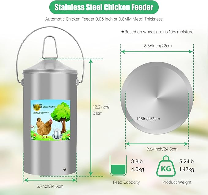 Automatic Chicken Feeder 4KG/8.8lbs, Heavy Duty Stainless Steel Reliable Long-Lasting Poultry Feeder with Handle, High Strength Structure 0.035 Inch/0.9mm Metal Thickness