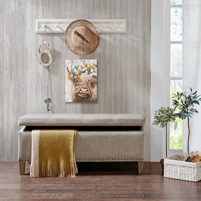 Yidepot Cow Wall Art Farmhouse Decor: Rustic Pretty Furry Cattle Print Wearing Wreaths for Bedroom Cute Abstract Vintage Cow Stuff Artwork Framed Ready to Hang Size 12"x15"
