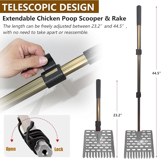 Telescopic Chicken Dog Poop Scooper & Rake 2-in-1 Chicken Litter Scoop for Chicken Coops & Small Farm Animals Sand Sifting Litter Shovel (Gray)