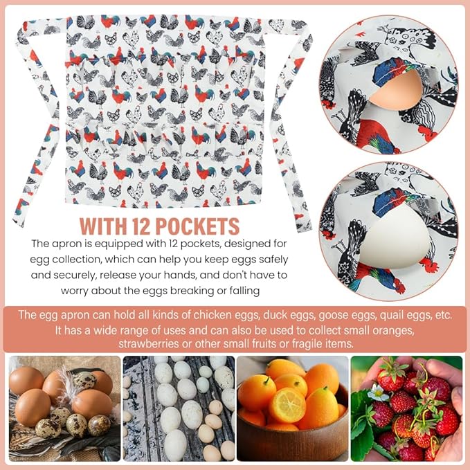 Egg Apron,12 Deep Pockets Eggs Collecting Aprons Polyester,Cute Pattern Design Egg-Carrier Gathering-Apron for Chicken Duck Goose Eggs,Fun to Use,Nice Gift for Women,Adults,Housewives