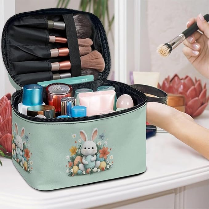 Rabbit Floral Easter Egg Print Travel Makeup Bags for Women Portable Tote Cosmetic Case with Carry Handle Toiletry Accessories Storage Organizer Bags Green