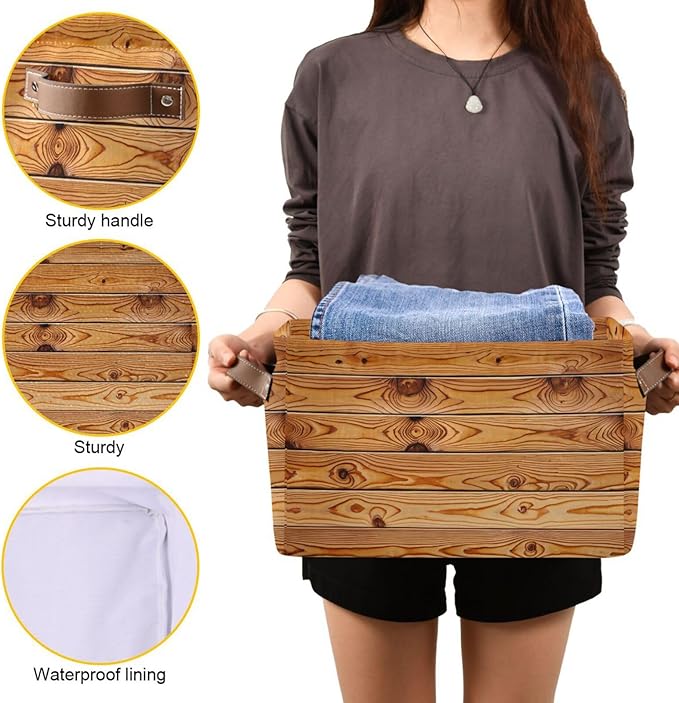 Rustic Wood Grain Storage Bins Collapsible Storage Basket with Metal Frame, Fabric Shelves Bins Closet Baskets with Handles, 1-Pack