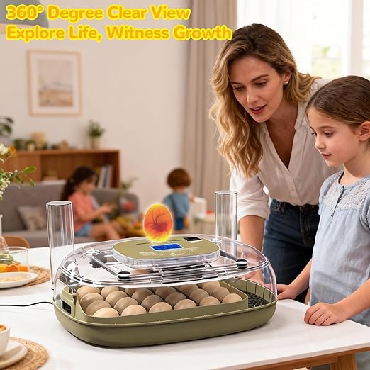 24 Egg Incubator with Temperature Control & Humidity Monitoring, Automatic Egg Turner, Built-in Egg Candler, 360° Clear View for Hatching Chicken, Duck, Quail Eggs - Ideal for Home, Classroom, Farm