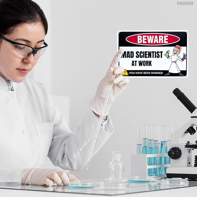 Mad Scientist at Work Desk Decor Tin Sign - Laboratory Posters for Wall - Metal Wall Decor - Science Gifts for Adults - Funny Science Classroom Decor - Party Decorations