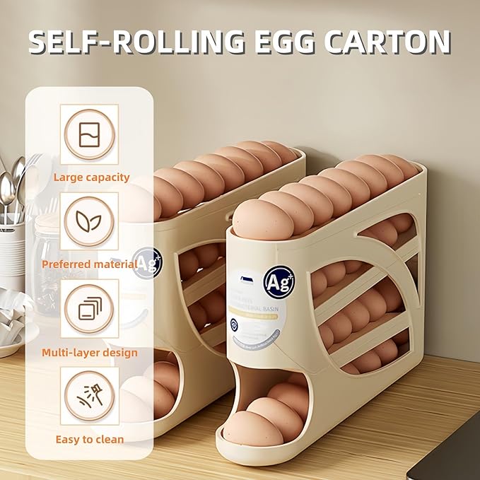 Egg Holder for Fridge,Egg holder countertop,Space-Saving Automatic Rolling Egg Dispenser for Refrigerator,4 Tiers egg dispenser Holds up to 30 pcs, Dispenser for Fridge