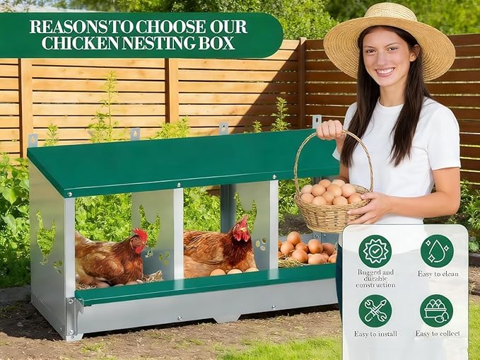 Garvee Large Metal Chicken Nesting Boxes for Hens, 3 Compartment Galvanized Steel Nesting Box, Includes 4 Fake Eggs & 10 Soft Nest Pads Pads, Wall Mount or Freestanding for Coop & Farm