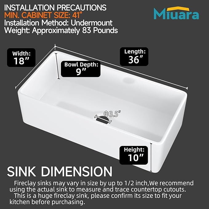 Miuara Farmhouse Sink 36 Inch - Extra Large Apron Front Kitchen Sink Reversible 36"x18"x10", Undermount Installation, Farm House ﻿Style Single Bowl, Solid Fireclay, Glossy White, for Kitchen