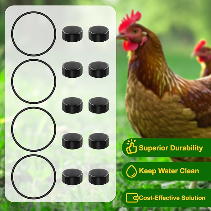 Plastic Poultry Waterer Replacement Parts Kit - 10 Caps & 4 O-Rings, Compatible with Miller, Little Giant PPF & Farm-Tuff 3/5/7 Gallon Poultry Founts (Black)
