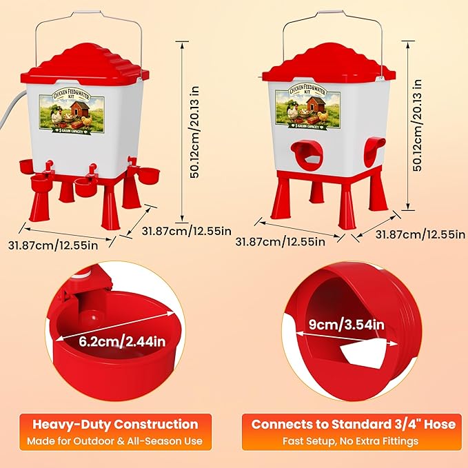 Automatic Chicken Feeder and Waterer Set, Chicken Coop Accessories - 5 Gallon Poultry Nipple Waterer with Stand, Easy Top Fill Chick Feeder (Red)
