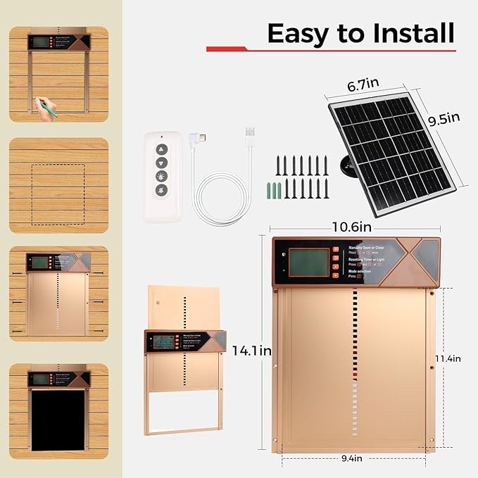 Automatic Chicken Coop Door Solar Powered, 4 Modes Automatic Chicken Door with Timer & Light Sensor, 7W Solar Charging Panel, Waterproof Aluminum Alloy Chicken Door with LED Screen (Gold)