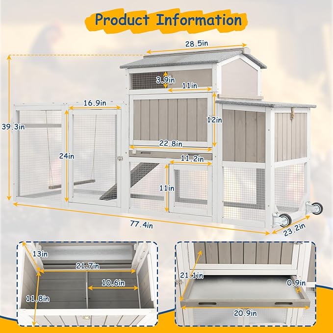 Wooden Chicken Coop with Wheels – Large Movable Outdoor Hen House with Waterproof Clear Sunlight Panel Roof, Nesting Box & Easy-Clean Tray – Spacious Backyard Poultry Tractor Grey