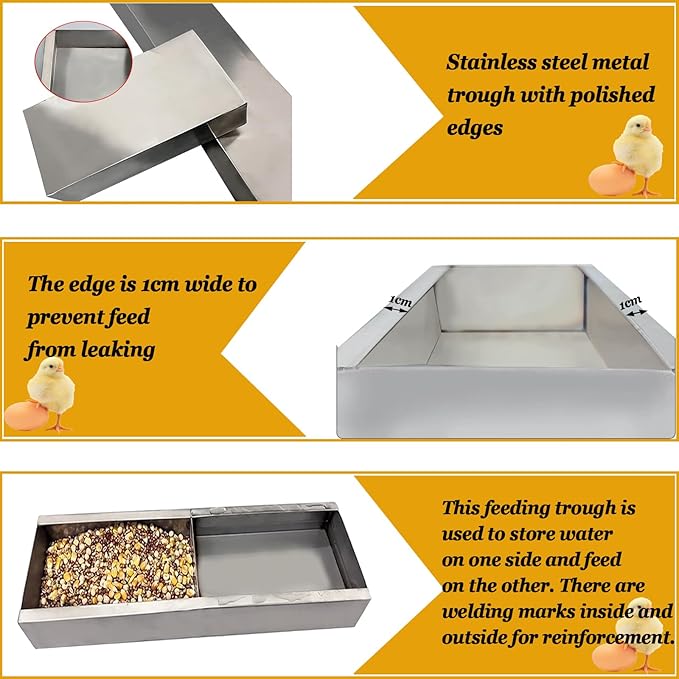 2 Pack Multifunctional Chicken Feeder, Hanging Chicken Feed Trough, Stainless Steel Trough, Chicken Feeder and Waterer Set, for Poultry Livestock. (40 * 11 * 4.5cm)