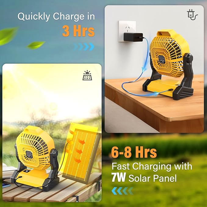 10400mAh Solar Fan with LED Lantern, Camping Fan with 7W Solar Panel, Rechargeable Solar Powered for Outside, Quiet Battery Operated Tent for Picnic, Barbecue, Fishing, Travel