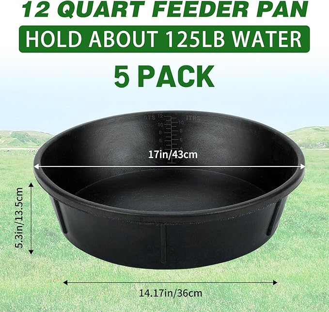 5Pcs Heavy Duty Rubber Feeder Pan, 12Q/3Gal Horses Feed Pan, Large Feed Bucket for Animal Feeding, Livestock Water Bowl Chicken Dust Bath Tub for Horse Goat Pig Dog Farm Livestock Poultry