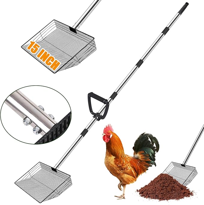 15 inch Large Chicken Poop Scooper with Ergonomic Grip, 6 in 1 Adjustable Chicken Coop Pooper Shovel with (24 to 79"), Heavy Duty Litter Sifting Shovel for Chicken Coop/Goat Stall/ Stable Cleaning