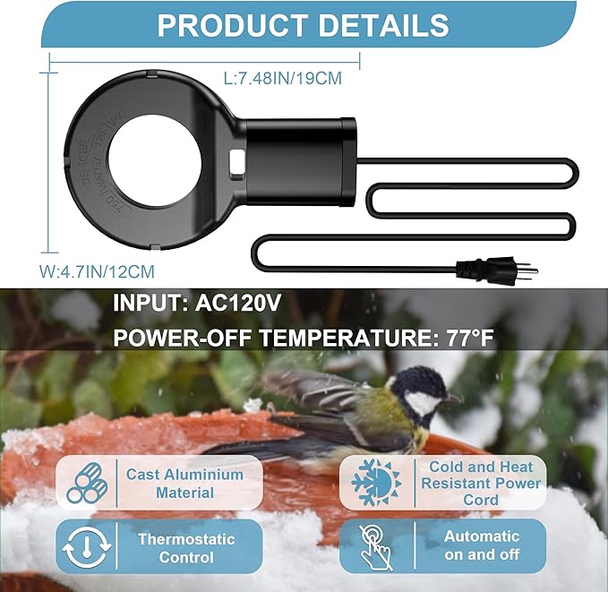 750 Watt Utility De-Icer Submergible Cast Aluminum Chicken Water Heater for Livestock Tank Heater Winter (Black)