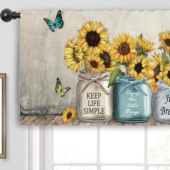 Miyotaa Rustic Sunflower Farmhouse Kitchen Curtain Valance 54W x 18H Rod Pocket Quotes Motivational Inspirational Country Vintage Window Treatment for Living Room Bedroom Bathroom