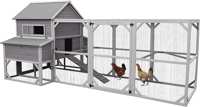 Large Chicken Coop Outdoor Waterproof Chicken Run with Asphalt Roof, Wooden Poultry Enclosure with Easy-Clean Slide-Out Tray for 8-10 Chickens Poultry Cage with Nesting Boxes for Duck Rabbit