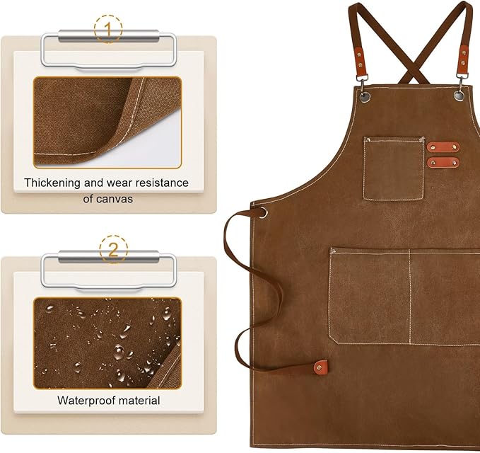 Cross-Back Chef Aprons for Men Women with Pockets,Cotton Canvas Adjustable Cooking Work Apron for Kitchen