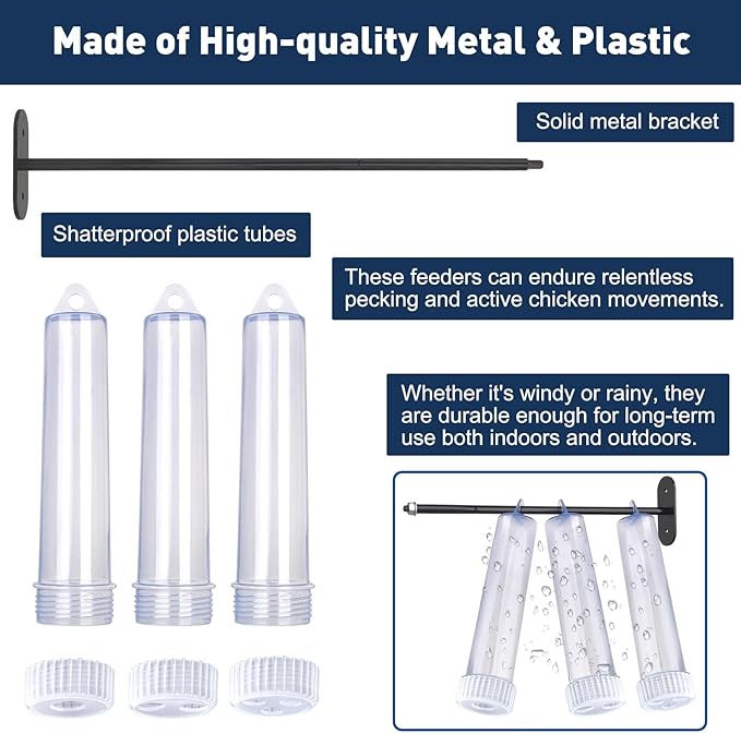 Upgraded Chicken Treat Dispenser, Indoor/Outdoor Wall-Mounted Chicken Treat Feeders, 3 Clear Treat Tubes with Different Types, Easy to Install&Add Food, Fits for Small, Medium&Large Treats