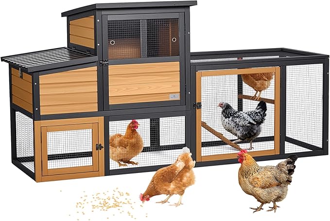 PETSFIT Wooden Chicken Coop for 2-4 Chickens, Backyard Coop with Run, 2 Nesting Boxes and 2 Roost Bars,PVC Windows, Easy-Clean 3-Door Access,Weather-Resistant PVC Roof, 6 Ground Stakes
