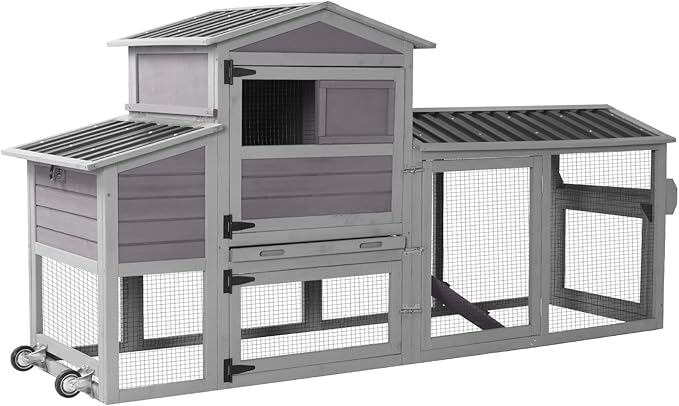 Mobile Chicken Coop with Wheels for 4-6 Chickens, Large Wooden Hen House Expandable Duck Cage with Run, 2 Nesting Boxes, Easy Clean Pull-Out Tray, Waterproof Asphalt Roof (Grey)
