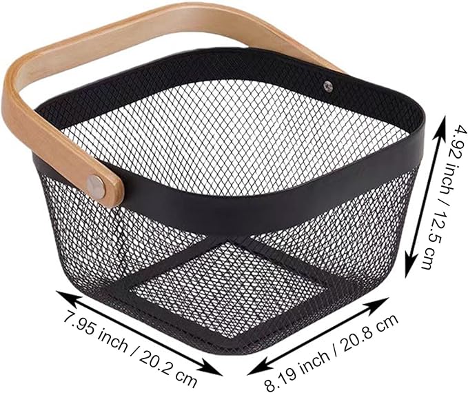 Metal Mesh Wire Basket, Mini Steel Basket with Wooden Handle Storage Organizer Basket Multi-functional Hanging Kitchen Baskets Fruit Baskets for Kitchen Bathroom Cabinet Pantry Snacks, Black