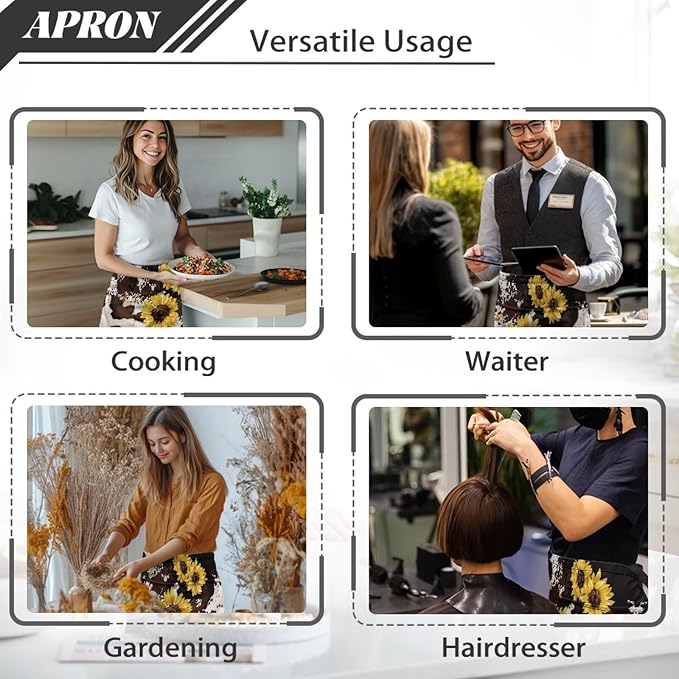 Waist Apron with 3 Pockets Waterproof 13 Inch Short Half Waist Aprons Women Men Server Aprons Waitress Waiter Apron