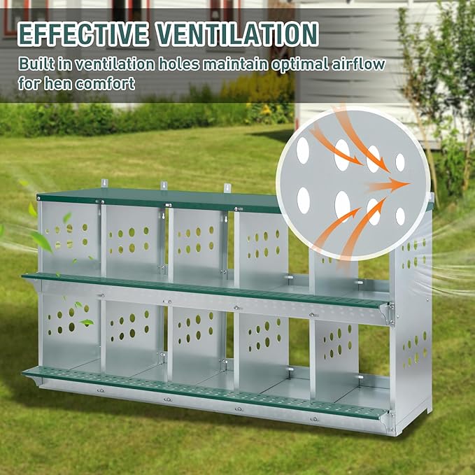 10 Compartment Metal Chicken Nesting Box, Roll Out Hen Laying Box for Easy Egg Collection, Wall Mount Poultry Nest Box for Backyard Chickens, Green, 53" L x 16" W x 26.30" H