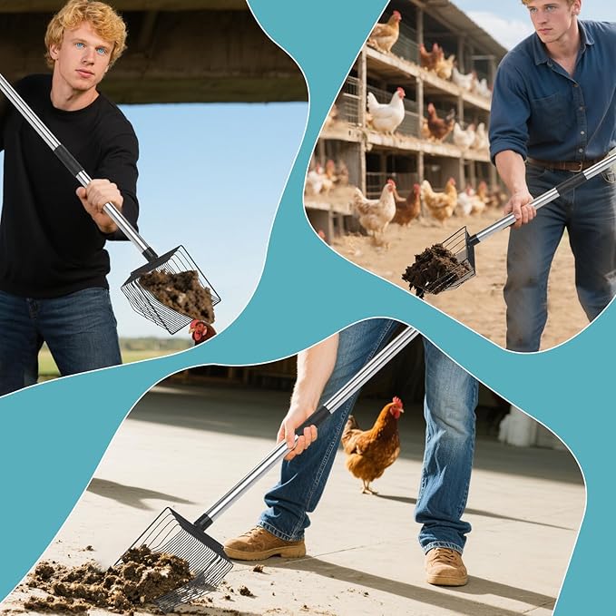 10-inch Heavy-Duty Metal Chicken Dung Scoop, 32 to 76" Long Chicken Coop Mucking Shovel with Stainless Steel Handle, 5-in-1 All-in-One Multifunctional Litter Sifting Tool for Chicken Coop Essentials