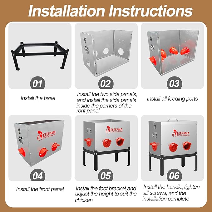 45 LB Automatic Chicken Feeder Metal Kit with Legs Locking Lid 6 Ports Large Poultry Feeder Vegetable Hanging String Bag Leg Rings Duck Chicken Coop Chick Feeder System Food Dispenser No Waste