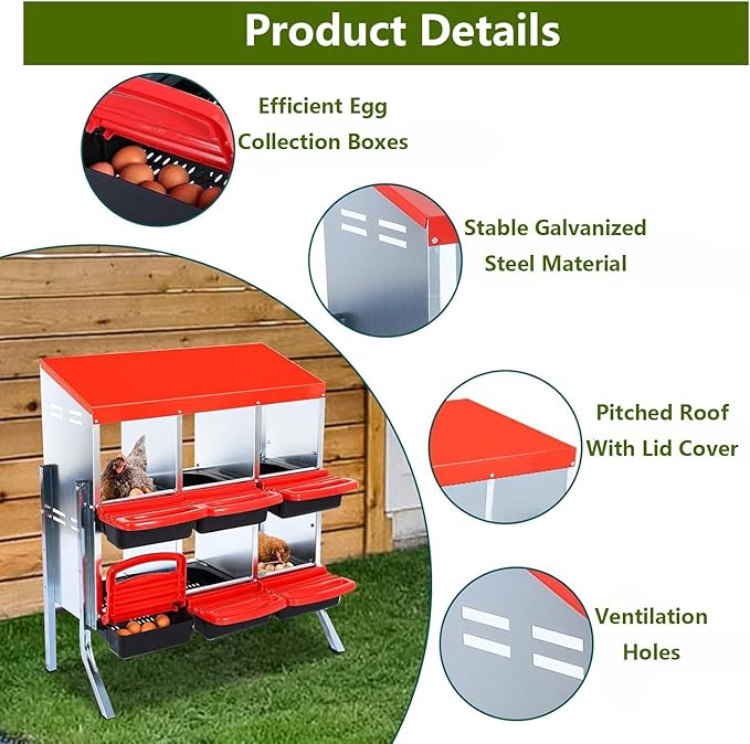 Chicken Nesting Box, 2-Tier Chicken Laying Boxes for Hens, 10 Hole Nesting Boxes for Chickens, Roll Away Nest Box for Laying Eggs, Roll Out, Easy Egg Collection (Red, 8-Holes with Legs)