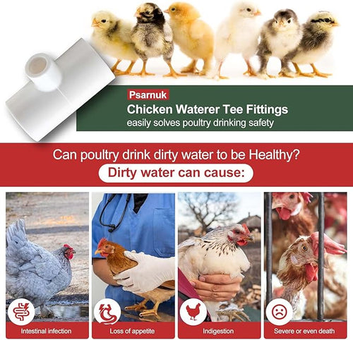 10 Pack Chicken Waterer Tee Fittings, for Threaded Chicken Water Cups, Chicken Waterer Nipples and Poultry Water Feeder, ABS Material, White & Thickened