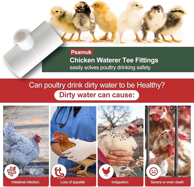 20 Pack Chicken Waterer Tee Fittings, for Threaded Chicken Water Cups, Chicken Waterer Nipples and Poultry Water Feeder, ABS Material, White & Thickened