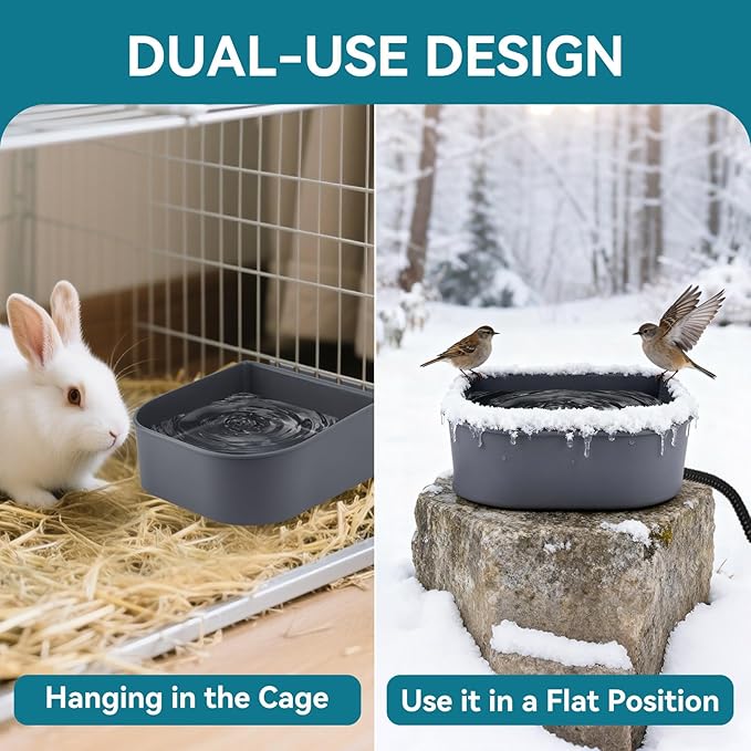 Hanging Heated Water Bowl for Cats/Rabbits/Chicken/Dogs, 34 OZ Thermal-Bowl Heated Small Water Dish for Outdoor Animals Hang on Cage