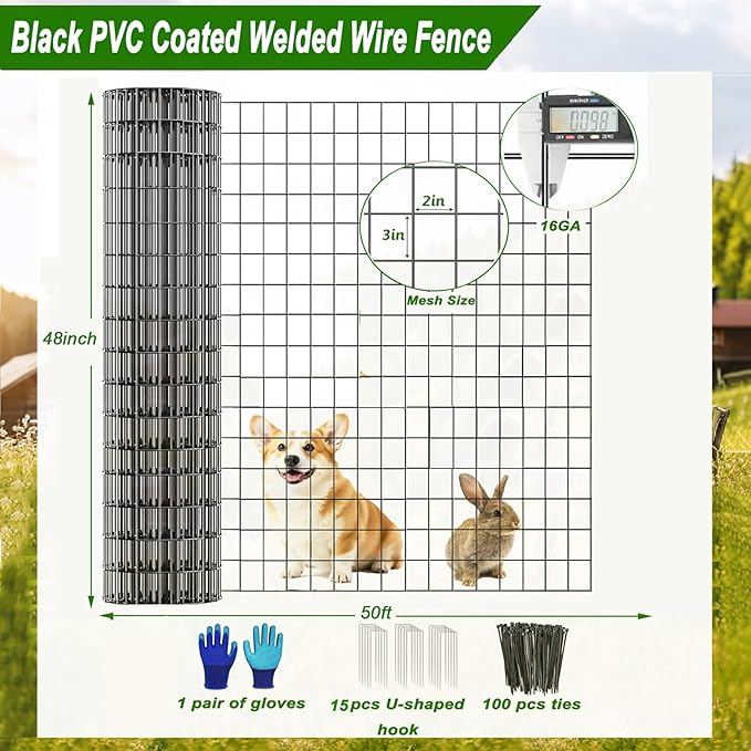 Welded Wire Fence 48inch x 50ft, Black PVC Coated Garden Fencing, 2 inch x 3inch 16Gauge Chicken Wire Fence Roll, Anti-Rust Metal Fencing for Yard Plant Protection Poultry Netting