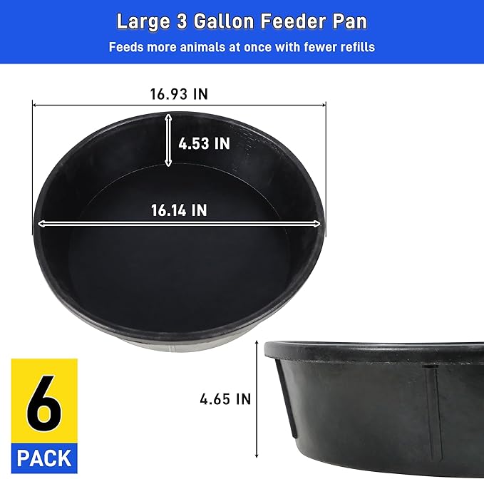 6Pcs Rubber Feeder Pan 3 Gallon/12 Quart Heavy Duty Rubber Horse Feed Bucket, Deep Rubber Feeding Water Bowl Chicken Dust Bath Tub Container for Livestock Goat Pig Dog Duck Fram Small Animals