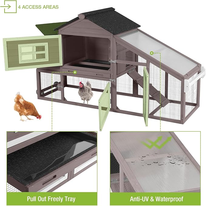 GUTINNEEN Chicken Coop Mobile Hen House Wooden with Run Poultry Cage with Nesting Box,Field Grey