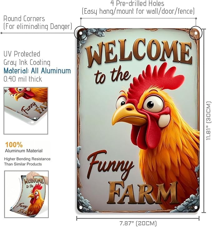 FunnySign Chicken Gifts Rooster Décor Welcome To The Funny Farm Rustic Tin Sign For Home Farm Chicken Coop Decor 8x12 Inch (9708)
